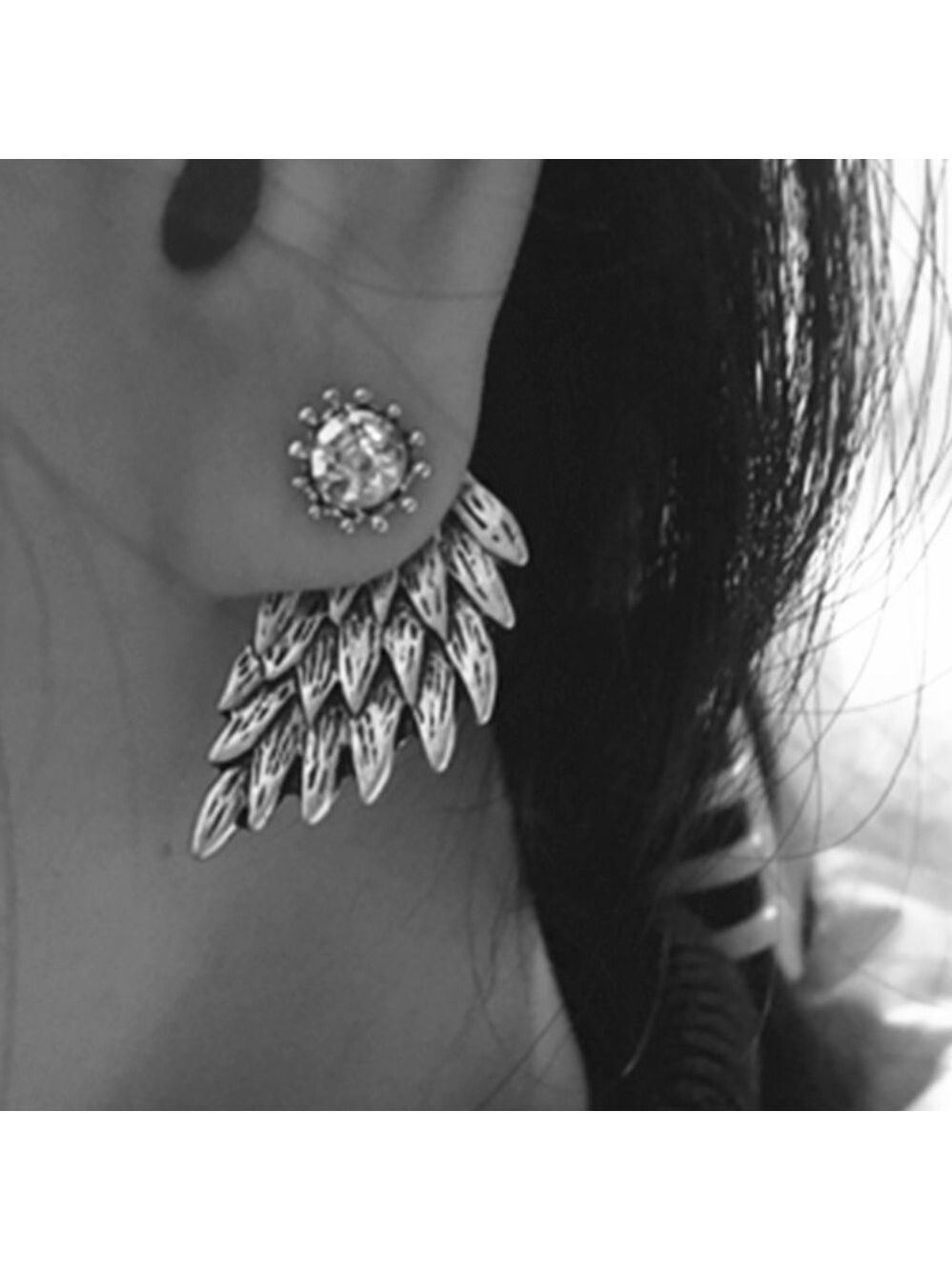 Retro style boutique angel wings feather crystal earrings